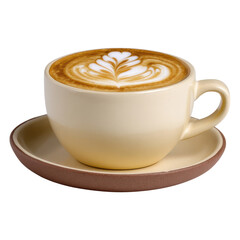 Aromatic Latte Coffee with Leaf Art in a Beige Cup and Saucer