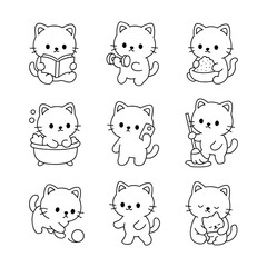 Cute cat illustration doing daily activities, kawaii kitty sticker set in line art, doodle black and white lifestyle for pet themes.