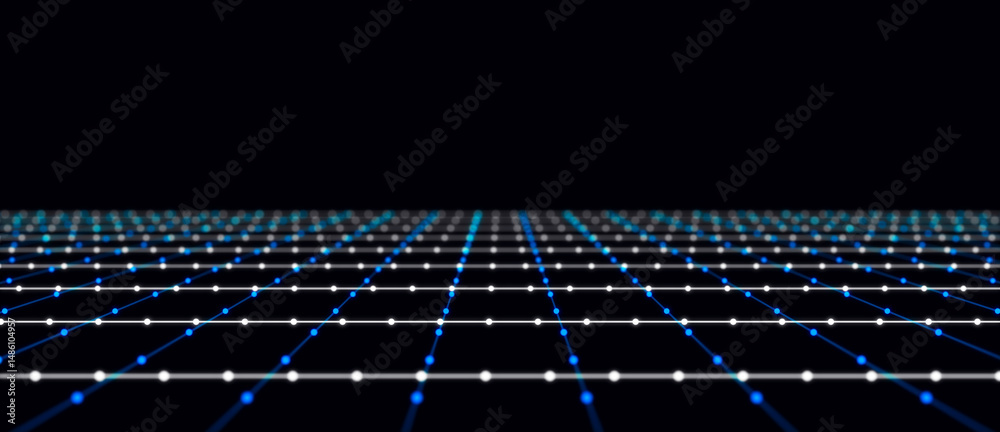 Poster Abstract grid with blue light on black background. Science background with moving dots and lines. Network connection technology. Digital structure with particles. 3d rendering.