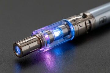 Electronic Inhaler Device Displaying Bright Blue Illumination on a Dark Textured Surface for Health and Lifestyle Concepts