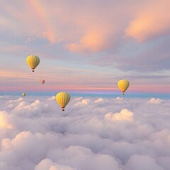 Fototapeta premium A colorful hot air balloon flies in the blue pink sky with white fluffy clouds, offering a sense of freedom and adventure during its flight