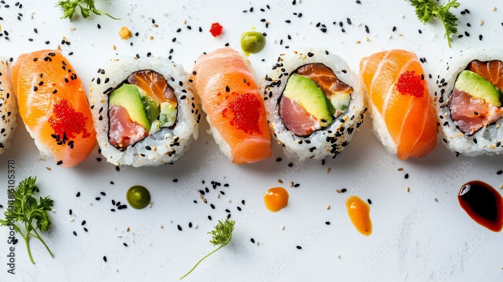 Poster delicious salmon and avocado sushi rolls arranged on a white surface with various toppings and sauce