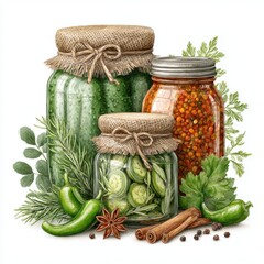 Glass Jars of Pickled Vegetables and Spices Rustic Still Life