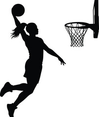 Obraz premium vector silhouette of a female basketball player slam dunk, scoring the ball to the net, transparent background