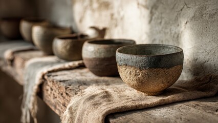 Fototapeta premium Handcrafted Clay Cups on Vintage Table