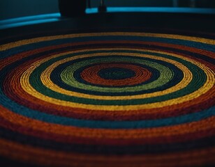 Fototapeta premium A vibrant, multicolored spiral rug with concentric circles, showcasing a blend of colors that adds warmth and texture to any space.