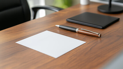 White blank sheet of paper, expensive pen and notebook on elegant office desk. Concept of business preparation, planning, writing ideas, office work, corporate style and business communication.