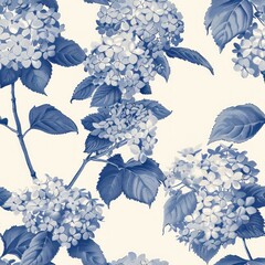 Blue flowering hydrangena pattern in toile de jouy style as seamless repeating tile background 2