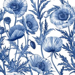Blue poppy flower pattern in style of toile de jouy as seamless repeating backgound tile 1