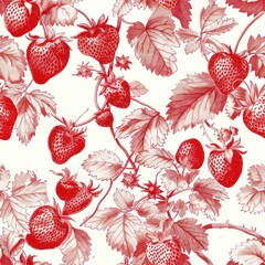 Red strawberries pattern in style of toile de jouy as seamless repeating backgound tile 1