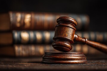 Wooden Gavel Resting on Striking Block with Legal Books in Background Depicting Law, Court, and Justice Symbolism