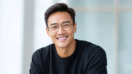 Smiling man in eyeglasses. He's wearing a black shirt, and he's standing in front of a wall