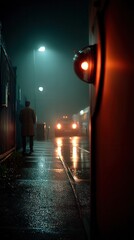 Mysterious adult walking alone on foggy night street