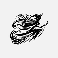 Obraz premium Minimalist black witch silhouette on broomstick with swirling motion trails vector Halloween logo