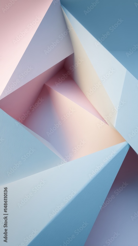 Poster geometric abstract background with soft blue and pink color palette featuring triangular shapes and 