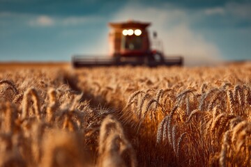 Combine Harvester at Work in golden Wheat Field during Harvest Season under clear blue sky agriculture farming equipment