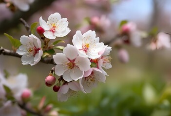 Obraz premium Spring apple blossoms with delicate white petals and ripening red fruits on a tree branch in a lush green garden with soft pink floral background