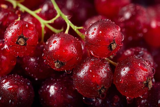 Close-up Fresh Red Currants with Water Droplets, Revealing Juicy Texture and Vibrant Color for Food or Beverage Concepts