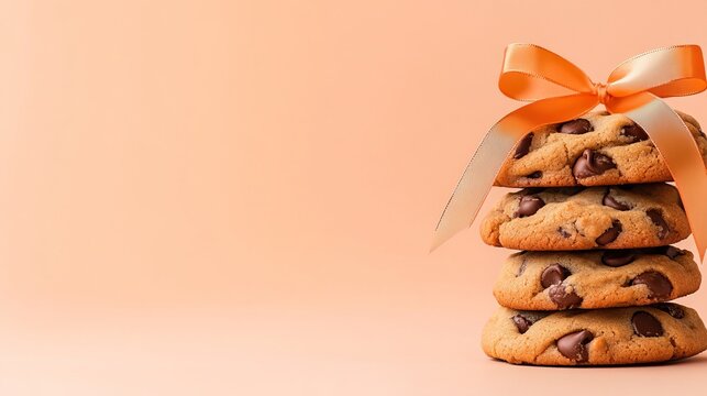 Chocolate chip cookies are stacked together and adorned with orange ribbon against a peach colored background.