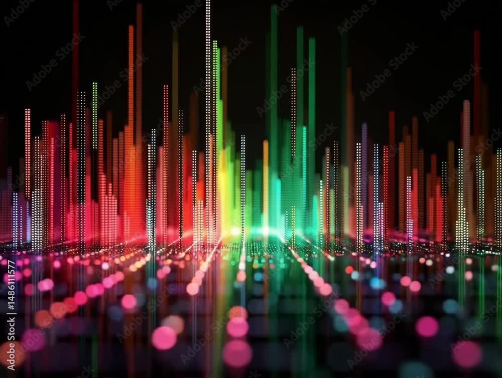 Poster vibrant light patterns in a dynamic sound visualization experience at a virtual event