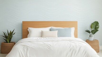 Light-blue bedroom featuring a wooden headboard and white bedding.