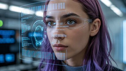 Woman with purple hair interacts with a futuristic touchscreen interface