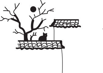 Child Drawing of a House, Sun, Clouds,  Tree and Cat Hand Drawing