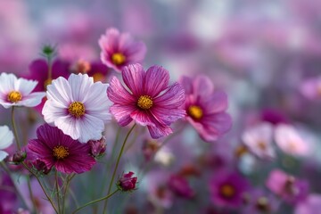 Fototapeta premium Elegant garden cosmos blooming, showing magenta and white petals with yellow centers against a soft floral backdrop