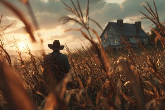 Solitary Farmer in Cornfield Gathers Harvest at Dusk near Farmhouse with Golden Light and Rural Landscape