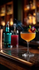 Elegant craft cocktail with edible flower garnish in upscale bar