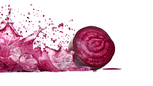 A sliced beet with juice splashing and pixelating on a transparent background in a studio shot