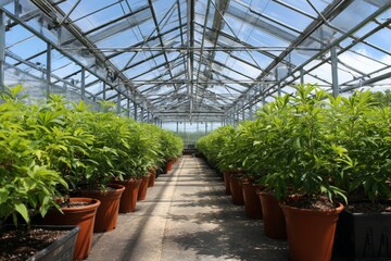 Rows of potted plants inside commercial greenhouse with metal frame and translucent covering, seen under bright blue sunny sky