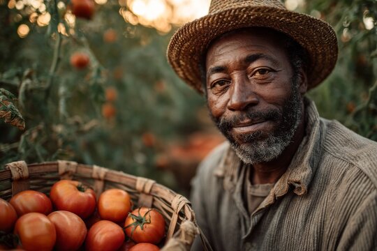 African man harvesting ripe tomatoes in garden with straw hat and basket, fresh produce, agriculture, close-up portrait