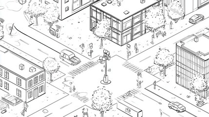 Isometric sketch of a city intersection with pedestrians and vehicles.