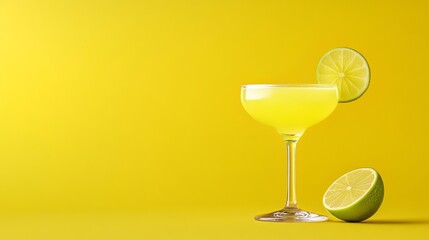 Daiquiri cocktail is displayed in a stemmed glass on a seamless yellow background with lime garnish.
