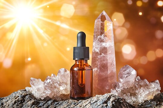 Crystals elixir with ethereal golden glow
