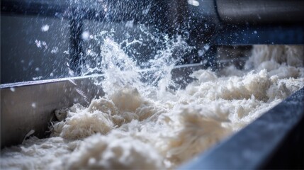 Toilet paper pulp. Dynamic water splashes create an energetic scene in a processing environment.