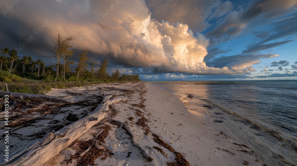 Aufkleber beach with a cloudy sky and a large cloud in the background. the sky is orange and the beach is cove