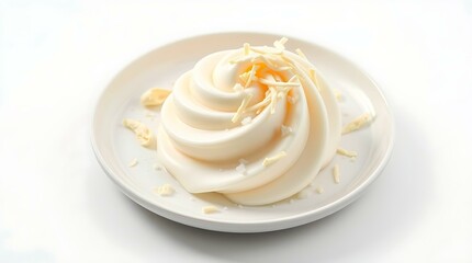  All-white coconut pudding with white chocolate shavings on a white plate