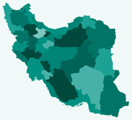 Map of Iran with regions. Just a simple country border map with region division. Teal color palette. Blank Islamic Republic of Iran shape with administrative division. Vector illustration.