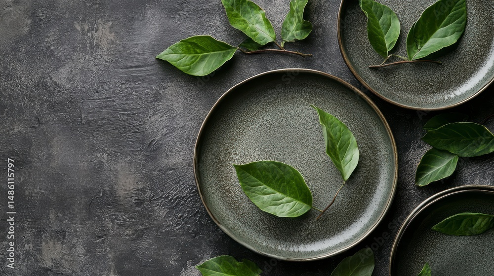 Poster flatlay of empty green plates and fresh leaves on dark grey background.