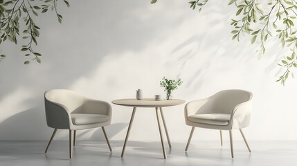 Elegant, minimalist, beige room setting with a small table and chairs.