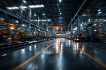Assembly line filled with automated machinery inside large factory building with motion blur for industrial manufacturing processes
