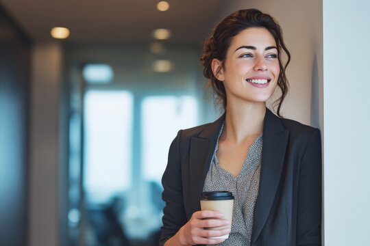 A smiling businesswoman holding a coffee cup, gazing out the window in a modern office setting.