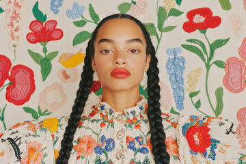 A striking portrait of a young woman with braided hair, set against a vibrant floral backdrop.