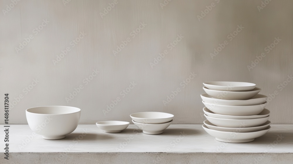 Aufkleber minimalist still life of various sized white ceramic bowls and plates on a light surface against a n