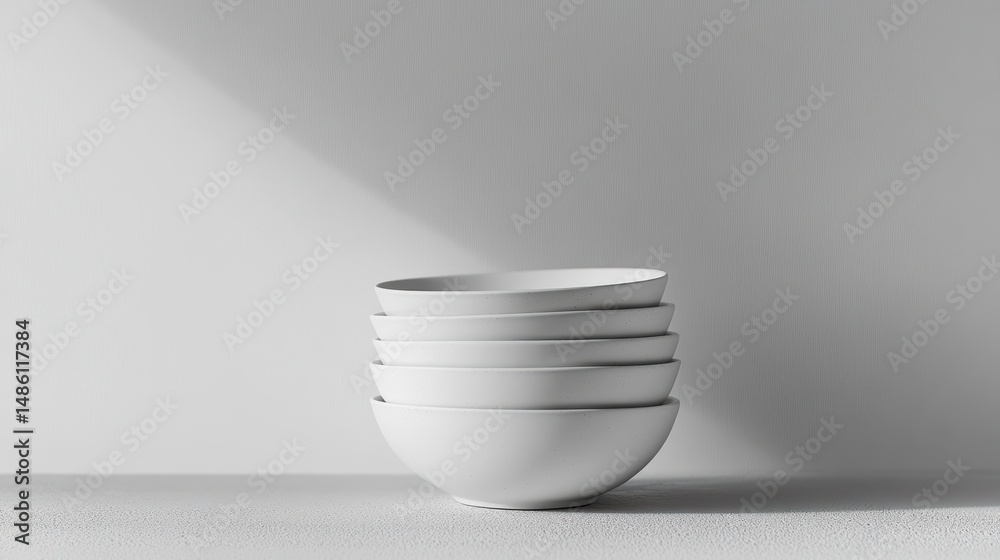 Aufkleber stack of four white bowls on a white surface with sunlight.