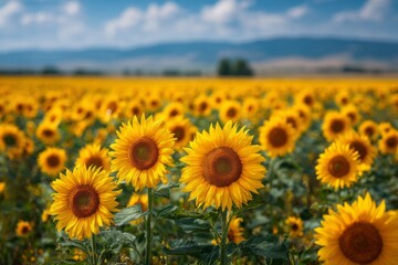 Obraz premium Vibrant Sunflower Field Under a Blue Sky, Beautiful Rural Scenery with Yellow Flowers and Mountain Background