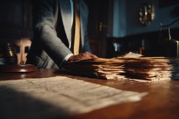 Obraz premium Legal professional reviews case file documents in law office with scales of justice and gavel on a rich wooden desk