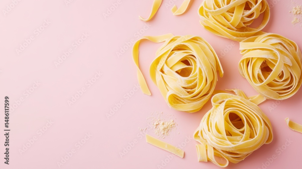 Poster top view of three nests of dried tagliatelle pasta on a pink background with some loose strands and 